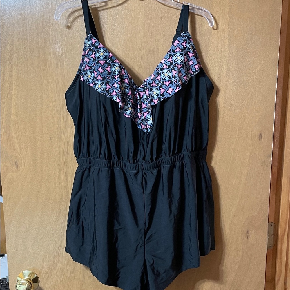 Cacique Black One-Piece Swim Romper with Pink & Blue Floral Trim